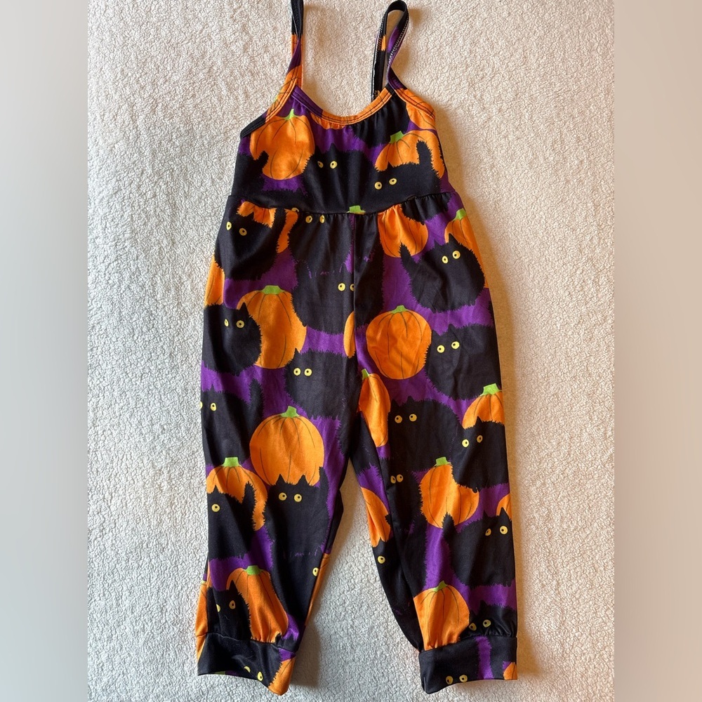 Halloween Cat Pumpkin Jumpsuit, Orange Black Purple. 3T 4T - Picture 1 of 6